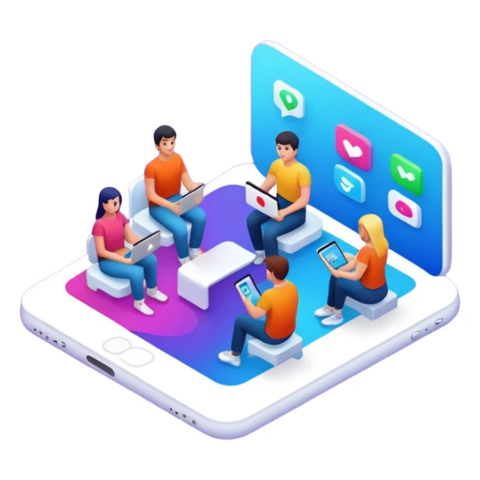 isometric, image of multi-channel experience with Teams, Mobile, Chat, Portal sticker