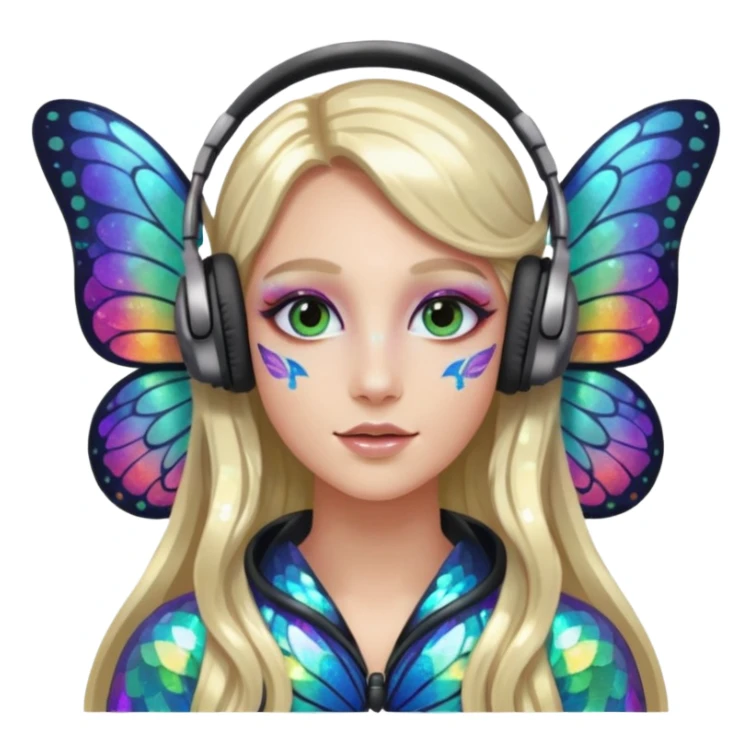 long haired make glitter makeup fairy wearing headpones wing butterfly wings  sticker