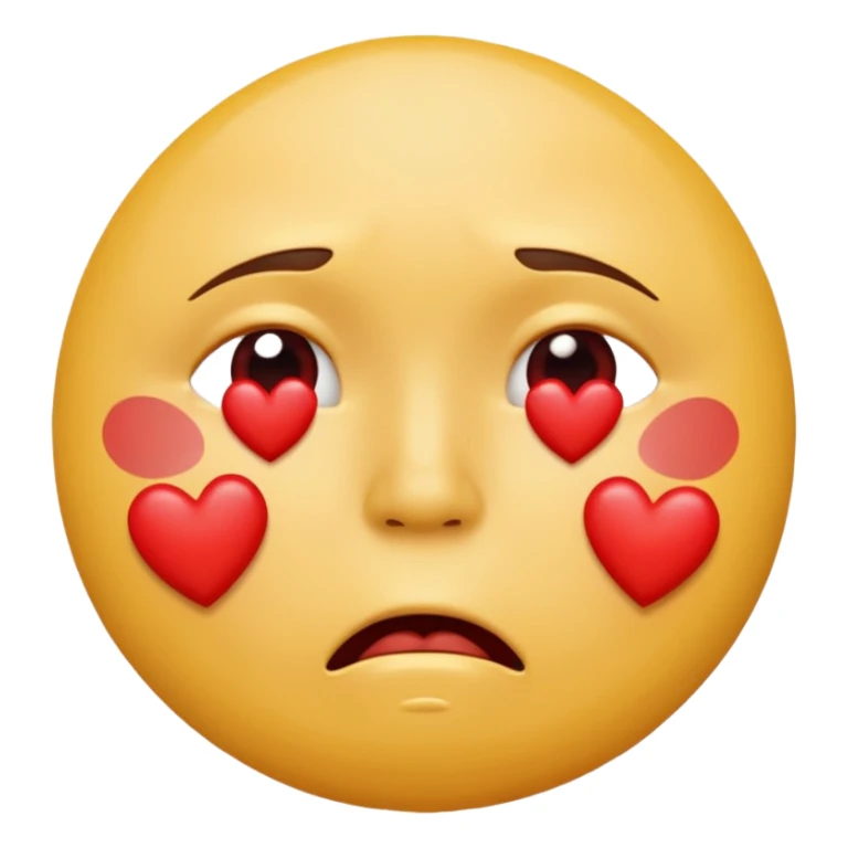 A yellow circular frowning face that is crying, with a dozen hearts floating from top to bottom in front of it sticker