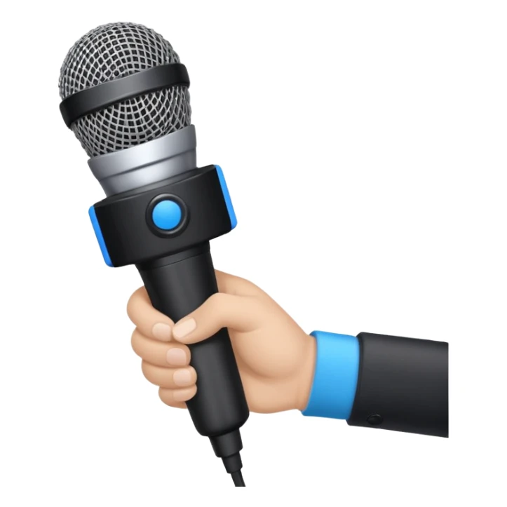 hand holding black stage microphone with blue strip on bottom sticker