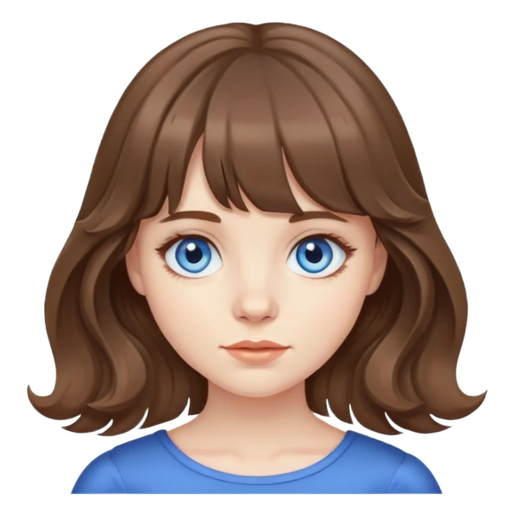 A pale girl, wavy brown hair with curtain bangs, blue eyes  sticker