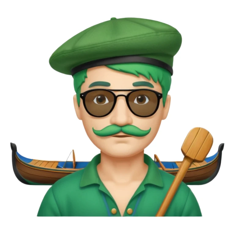 venice gondolier with green hair, iconic hat, glassess and mustache sticker