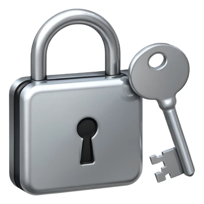 A chrome silver lock and key emoji, smooth metallic surfaces, glossy reflections, luxury swag vibe, minimal iOS emoji style, centered on clean white background sticker