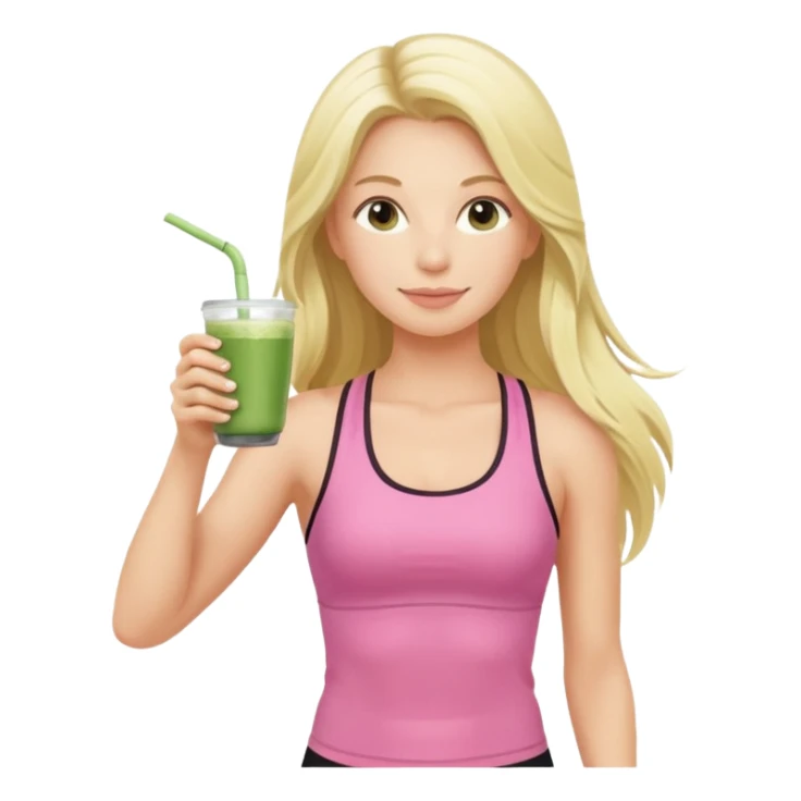long haired blonde pilates instructor in pink drinking matcha in cute set sticker