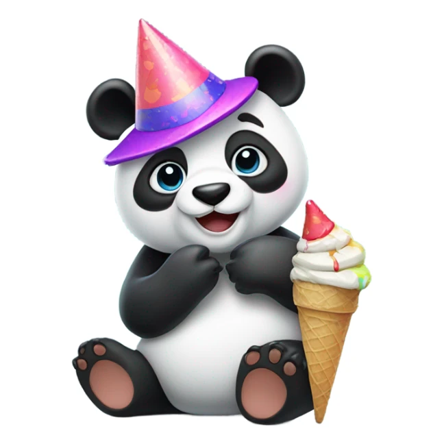 Panda crying while wearing a party hat on his head while eating ice cream sticker