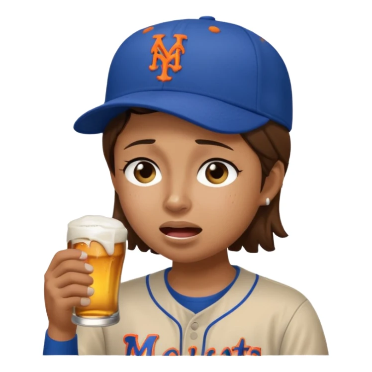 Mets fan with a hat and short brown hair crying with a beer sticker