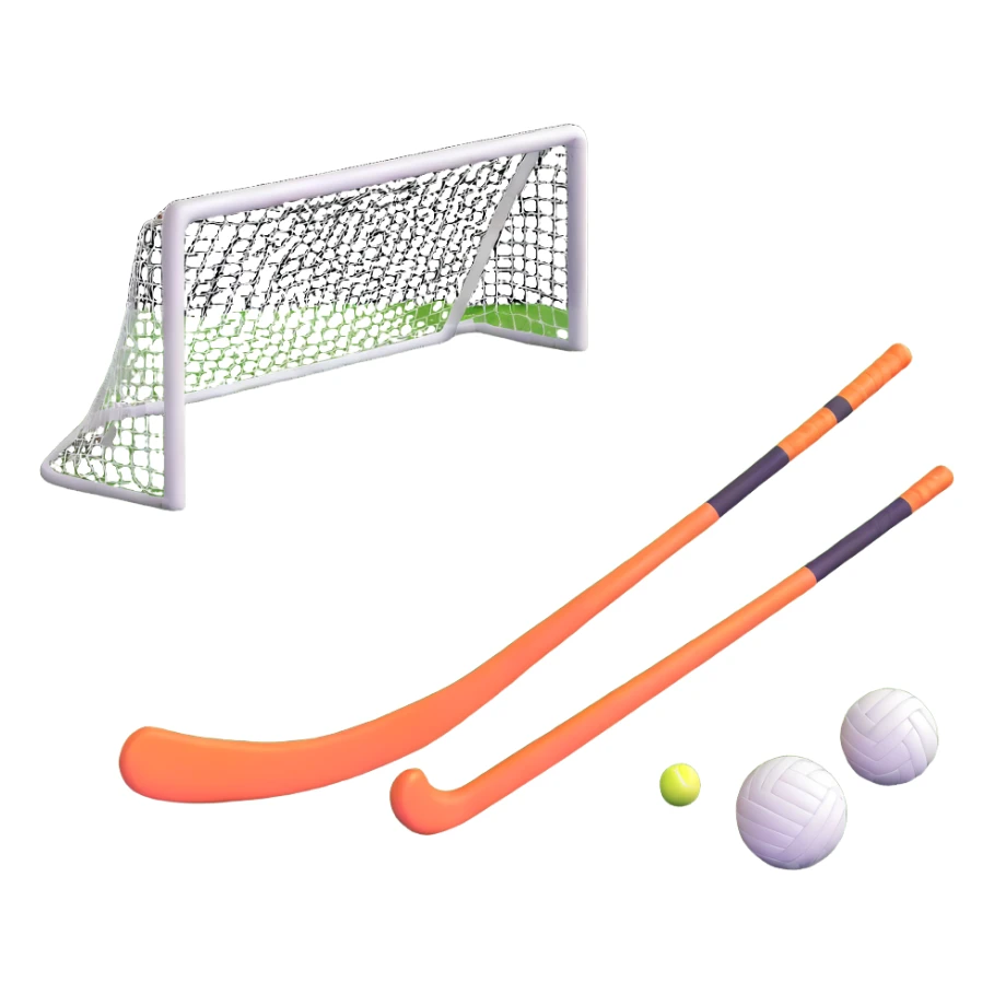 field hockey stick and ball on lush green grass with goals sticker