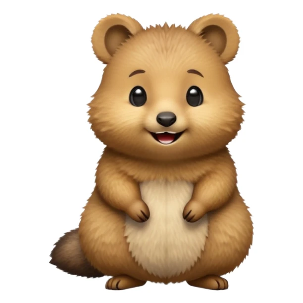 cinematic-quokka-realistic-emoji,-small-round-frame-balanced-on-tiny-strong-hind-legs,giant-fluffy-cheeks-large-smile-fluffy-brown-fur-radiating-a-warm-softness,-big-round-eyes-filled-with-joy, realistic emoji zoomed in sticker