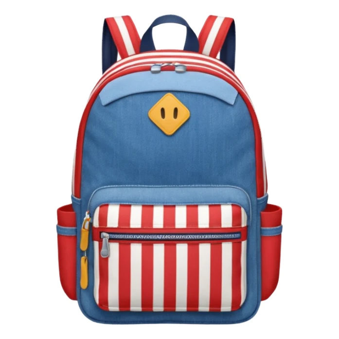  blue denim backpack with red, white, and navy stripes, similar to a Tommy Jeans design. Minimalistic, cartoon-like, front-facing."
 sticker