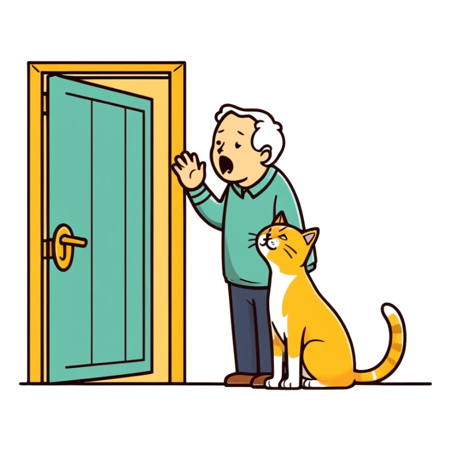 golden cat  meowing ￼at old blind man  sticker