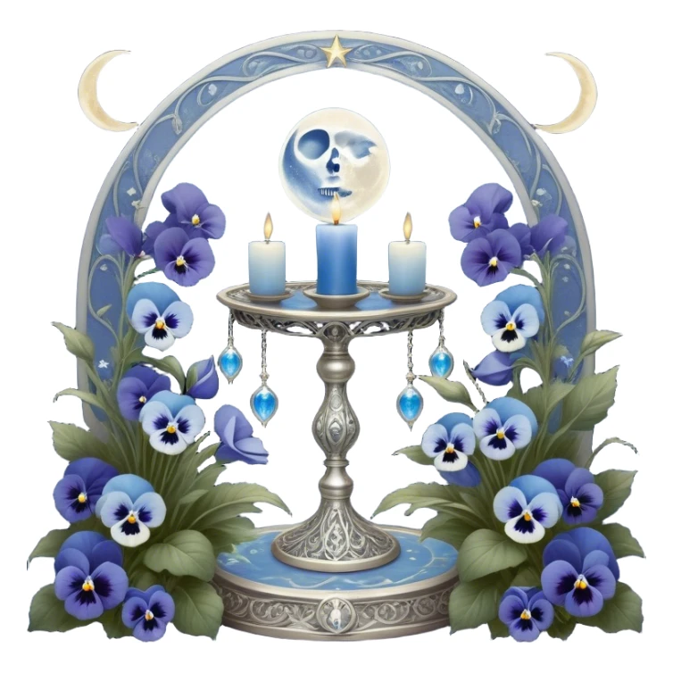 A mystical scene where deep blue and light blue pansies bloom under a silver crescent moon, casting an ethereal glow across the enchanted garden. A round, pearl-colored candle flickers atop an ornate silver stand, its wax melting into swirling patterns resembling planetary orbits. Surrounding it, a set of celestial tarot cards—The Moon, The Star, and The High Priestess—are carefully placed, their intricate silver engravings shimmering with divinatory power. The background sky is adorned with floating zodiac constellations, softly pulsing as if alive, while a trail of stardust leads to a glowing cosmic portal that opens into a swirling galaxy. sticker