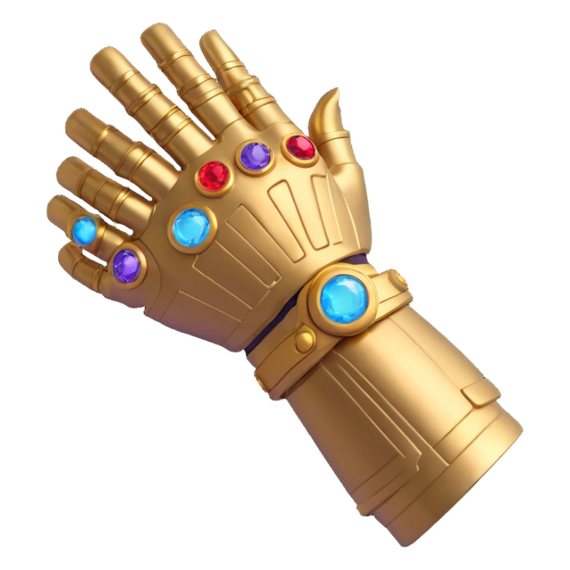 Thanos' gauntlet doing a finger snap, 3D emoji style, shiny metal, glowing gem effects, transparent background sticker