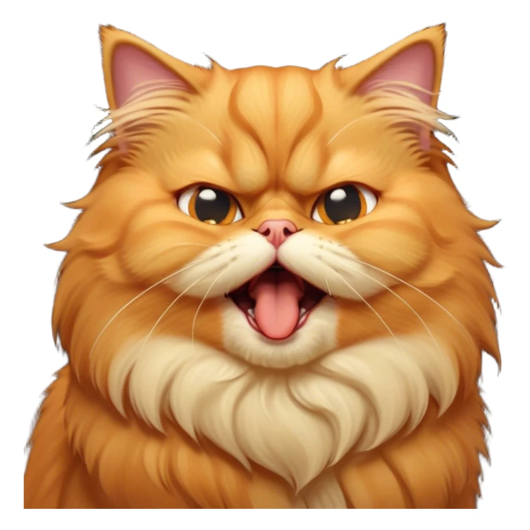 Cinematic Derpy Grumpy Comical Orange Persian Cat Portrait Emoji, Head tilted playfully with an adorably awkward yawning expression, fluffy orange fur with soft cream and golden undertones, Simplified yet hilariously derpy features, highly detailed, glowing with a warm but slightly confused glow, high shine, a mix of lazy and clueless, stylized with a touch of whimsy, bright but with a completely derpy and grumpy face, soft glowing outline, capturing the essence of a quirky yet chubby, grumpy kitty, so endearing it feels like it could stretch out of the screen and demand attention with its wonderfully derpy charm while yawning! sticker