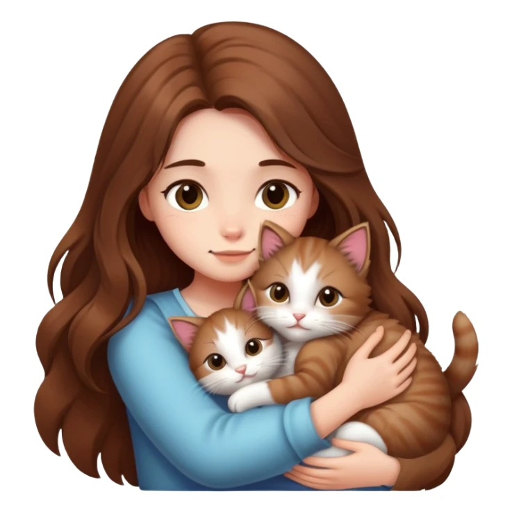 A girl with long hair tightly hugged a kitten sticker