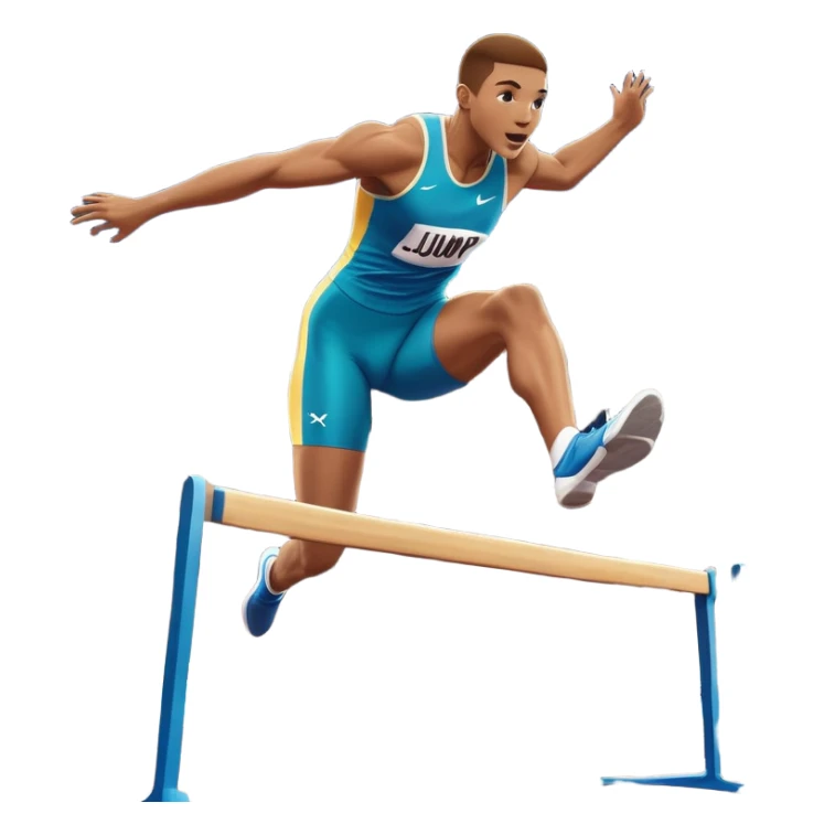 An icon of an athlete soaring over a hurdle, mid-jump, with a powerful form. The background features a vibrant stadium, with the track and hurdles in sharp focus, and a cheering crowd along the stands. The motion of the jump emphasizes speed and agility. Transparent background. sticker