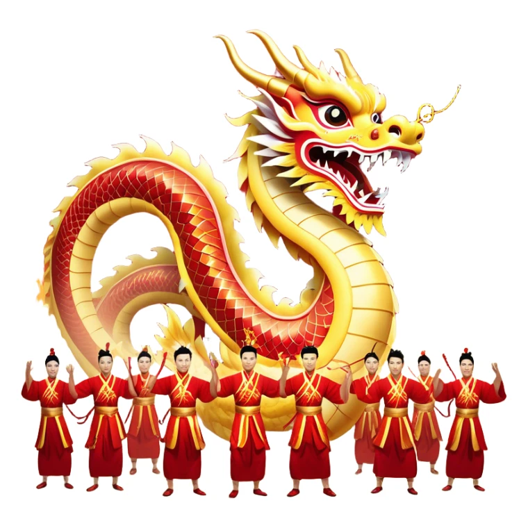 Cinematic Realistic scene of a Chinese Dragon Dance featuring performers energetically holding a vibrant dragon model aloft, with intricately detailed scales and dynamic flowing costumes, illuminated by festive red and gold lighting that captures the spirit of celebration. sticker