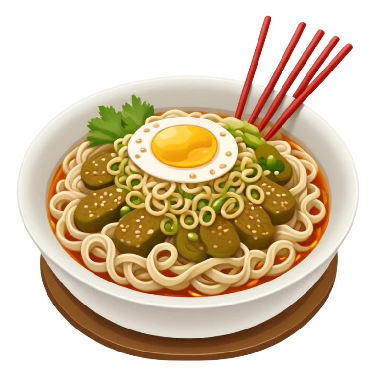 Wuhan hot dry noodles with sesame paste and pickles, simplified emoji style with bold outlines and bright colors, cartoon style Hubei breakfast Re Gan Mian sticker