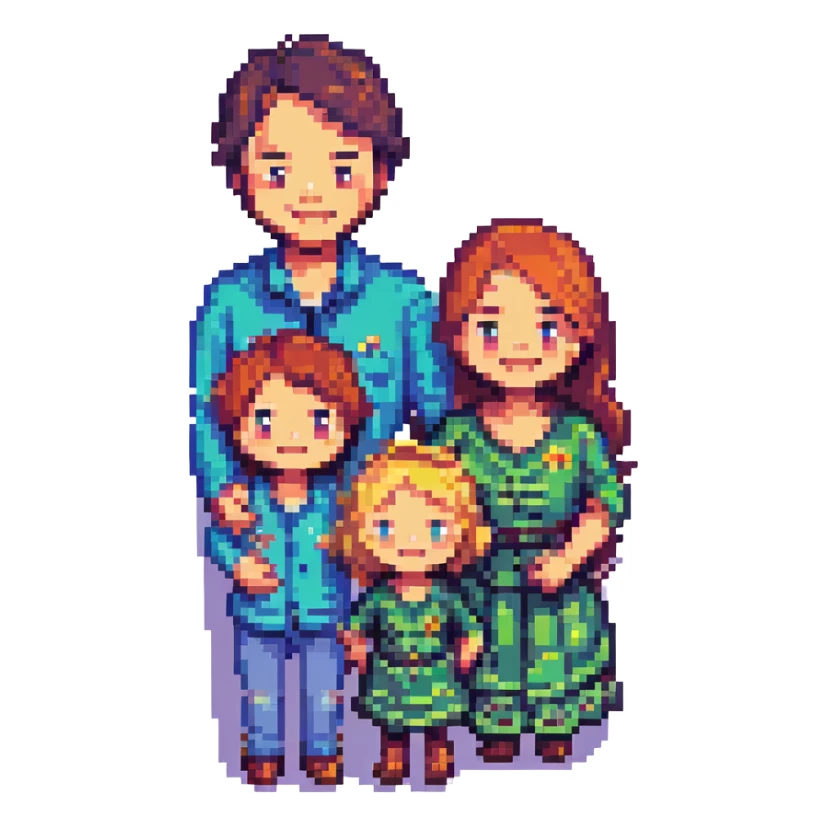 a family of four smiling together, pixel art style, simple background sticker