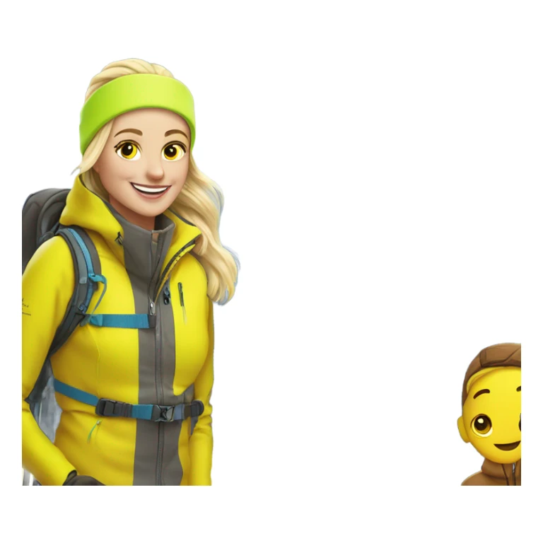 smiling blonde in outdoor jacket ski mountains behind me skiing passing a guy with a bright yellow fluorescent ski jacket with brown pants sticker