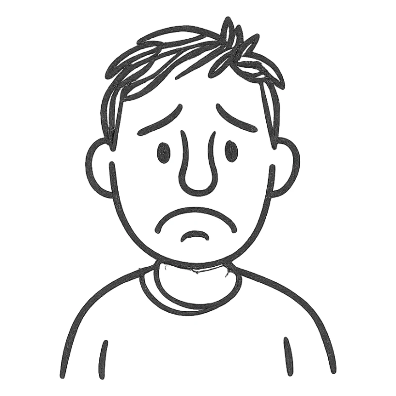 a sad and lost looking man, expressive face, hand-drawn black outline style sticker