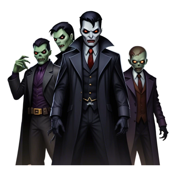 Icon for Thriller Movies: A large, dramatic collage featuring sinister villains and zombies in dark clothing. The background shows the gloomy cityscape of Gotham with dim lighting and eerie shadows. The atmosphere should be tense, mysterious, and suspenseful. Transparent background. sticker