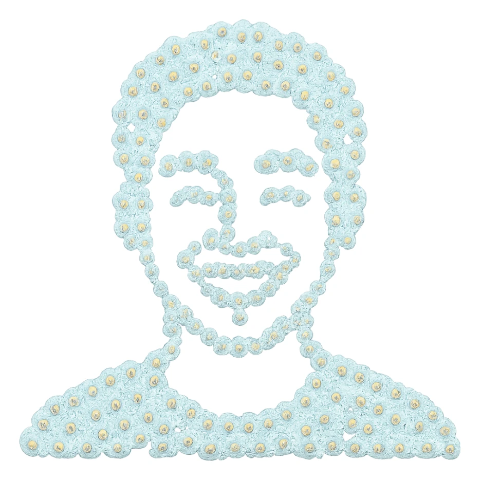 bright and recognizable image of a person from shoulders up, front view, composed of small emoji clouds, no text sticker