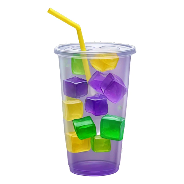 Realistic see through plastic cup and lid with half full Transluscent yellow, green ,purple soda,straw and large ice cubes inside. sticker