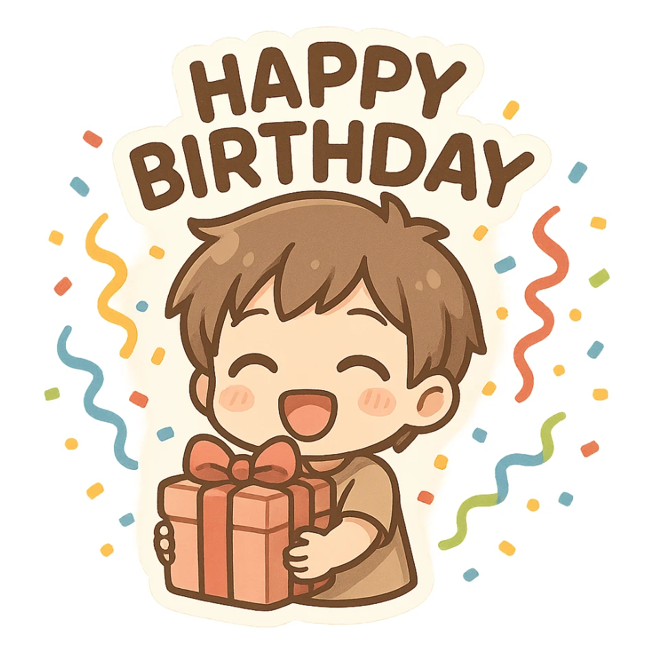 happy birthday, gift box, streamers, celebration sticker