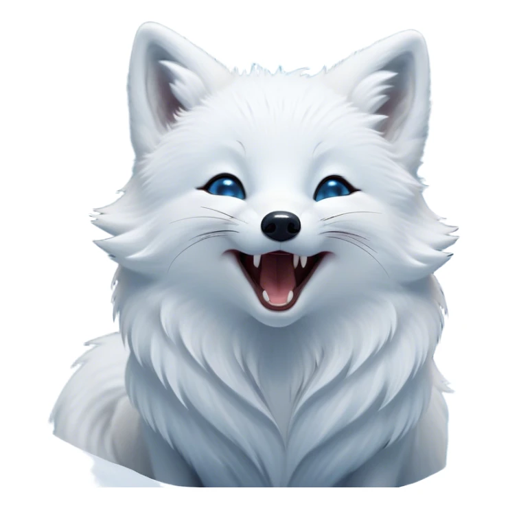 Cinematic Cute Yawning Arctic Fox Portrait Emoji, Head tilted slightly with a dramatic, wide-open yawn, showcasing a soft, downy white Fur with subtle icy blue accents and gently drooping ears, round eyes barely open in drowsy contentment, Simplified yet irresistibly adorable features, highly detailed, glowing with a soft, cozy glow, high shine, relaxed yet expressive, stylized with a touch of arctic whimsy, bright and endearing, soft glowing outline, capturing the essence of a sleepy yet affectionate arctic fox, so drowsy it feels like it could stretch out of the screen and curl up for a nap! sticker