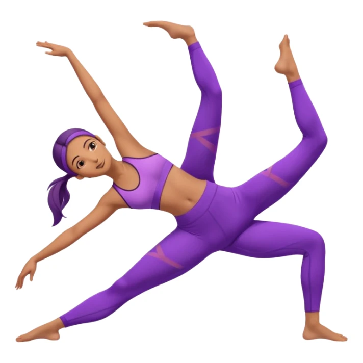 A flexible woman in purple outfit stretching sideways in triangle pose, minimalist background, soft lighting. sticker