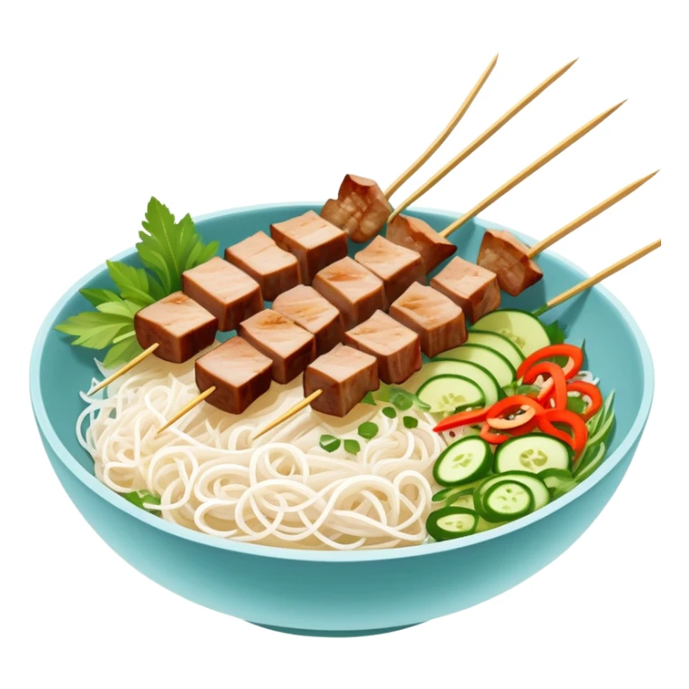 Vietnamese Bún Thịt Nướng with meat specifically grilled on skewers, alongside a bowl of rice vermicelli noodles, herbs and vegetables sticker