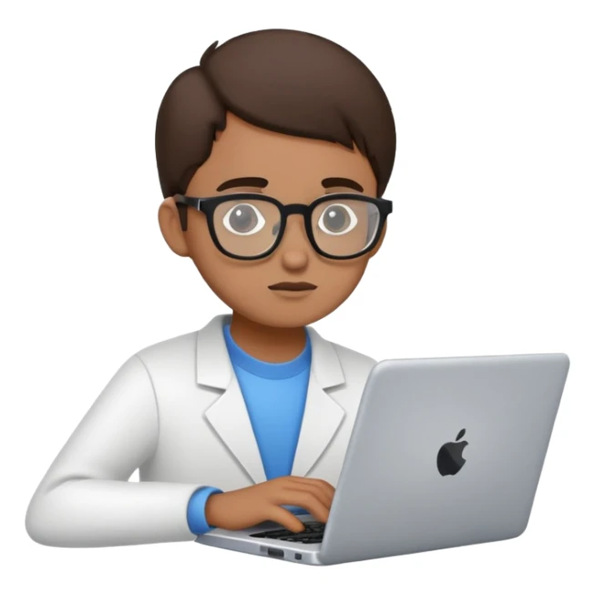 Junior IT Specialist with small laptop, glasses, looking inexperienced, with basic coding skills sticker