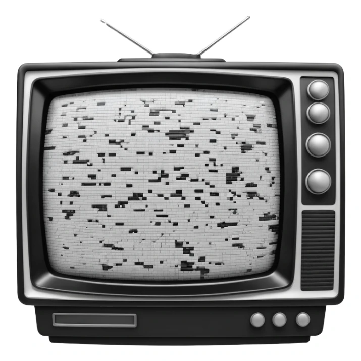 3D render of Static TV, digital glitch art aesthetic, data corruption visual, retro TV screen showing black and white noise, pixelated distortion, emoji style, isolated on white background --v 6.0. sticker