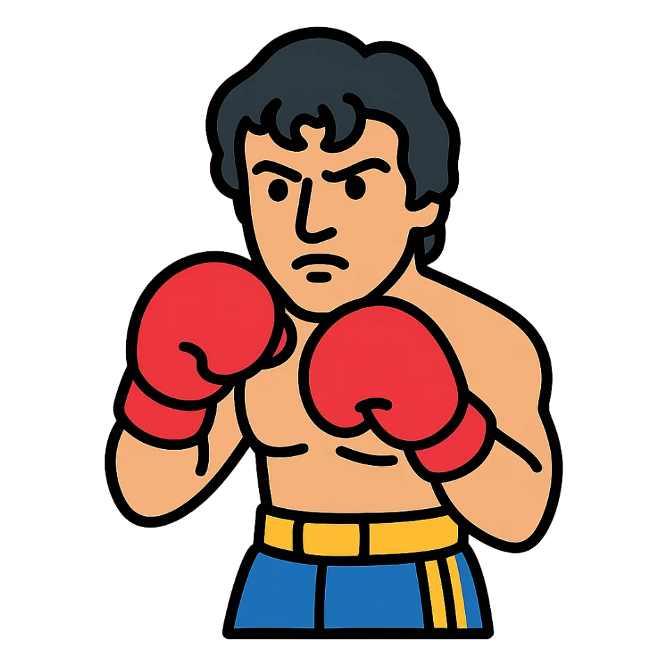 Rocky Balboa inspired by Sylvester Stallone, in boxing stance, red gloves, determined look, stylized illustration sticker