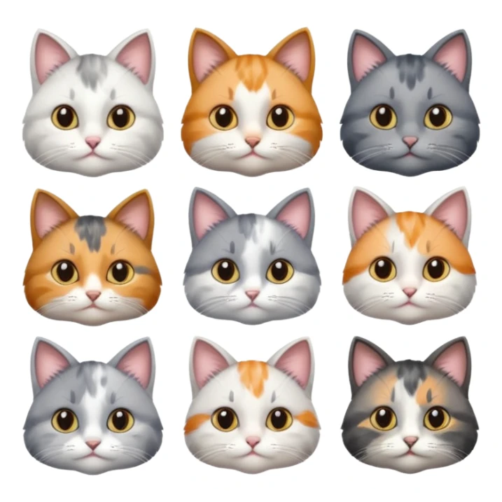 6 realistic looking cats with different natural coloured coats, assorted grey and white, greys, calico colours etc
 sticker