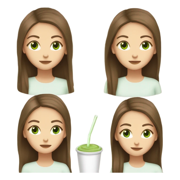 White girl with open brown hair and green eyes drinking matcha  sticker