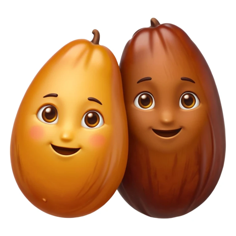 two or three whole dates, glossy brown skin, slightly wrinkled, plump and soft, natural shape and color variation from deep amber to mahogany, clustered together, no plate or extra elements, no faces, clean 3D, soft shadows, emoji scale sticker