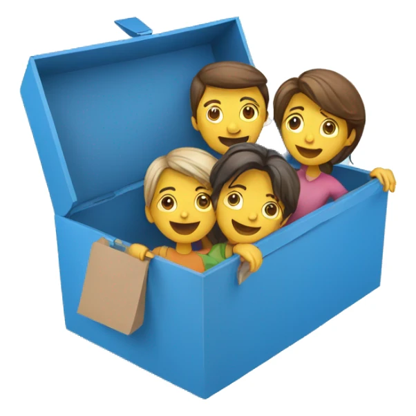 3 people in a blue cardboard box with temperature display sticker