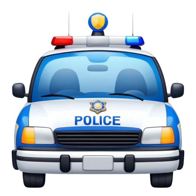 A blue and white police car with a friendly smiling face on the front sticker