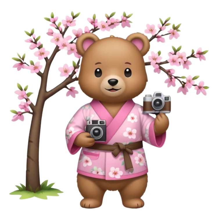 A cute light-brown bear wearing a pastel pink sakura-patterned kimono, normal balanced body ratio.  
Standing under a blooming sakura tree, holding a small camera and taking a picture with a happy smile.  
Kawaii emoji style, minimalistic clean sticker illustration, simple scenic background.
 sticker