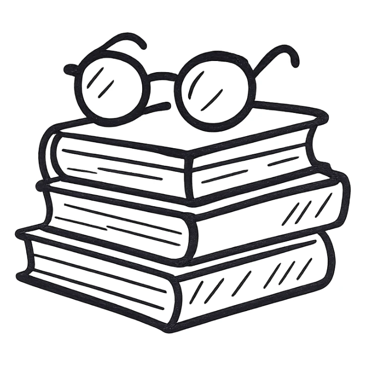 A pile of pink books with glasses on top sticker