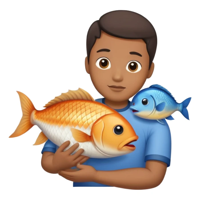 Asian man holding/hugging a fish like a baby, half body will do, the fish does not need a human face sticker