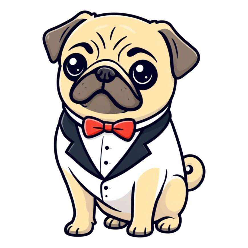 pug in a make it black tuxedo, cartoon sticker sticker