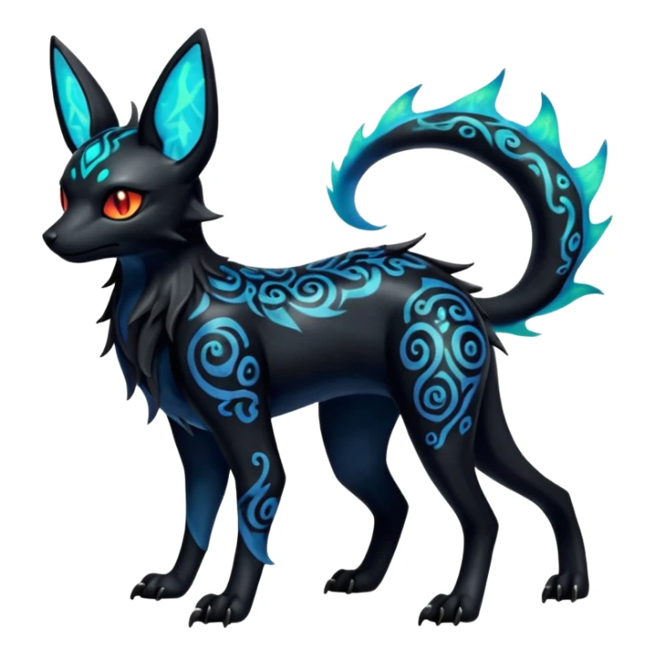 Shiny Fiery Dark Ugly Evil Realistic Glowing Eldritch Horror Cool Edgy Badass Emo Glorious Demonic Batty Punky Aural Iridescent Fluorescent Bioluminescent Umbreon-Amaura-Salandit-Litten-Flareon-Fakémon-fusion (full body) with intricate pattern markings sticker