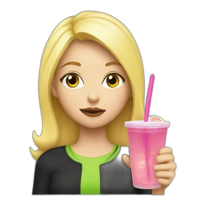 blonde girl straw drinking pink lemonade with one green lemon in the cup, with black watch black tshirt sticker