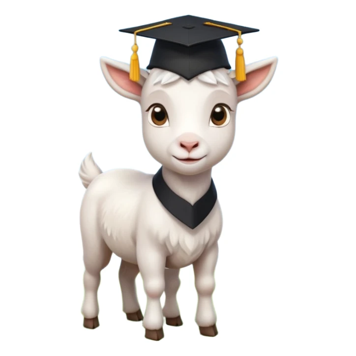 cute white goat standing on green grass, wearing a black graduation cap, bright daylight, soft blue sky background, proud and confident expression sticker