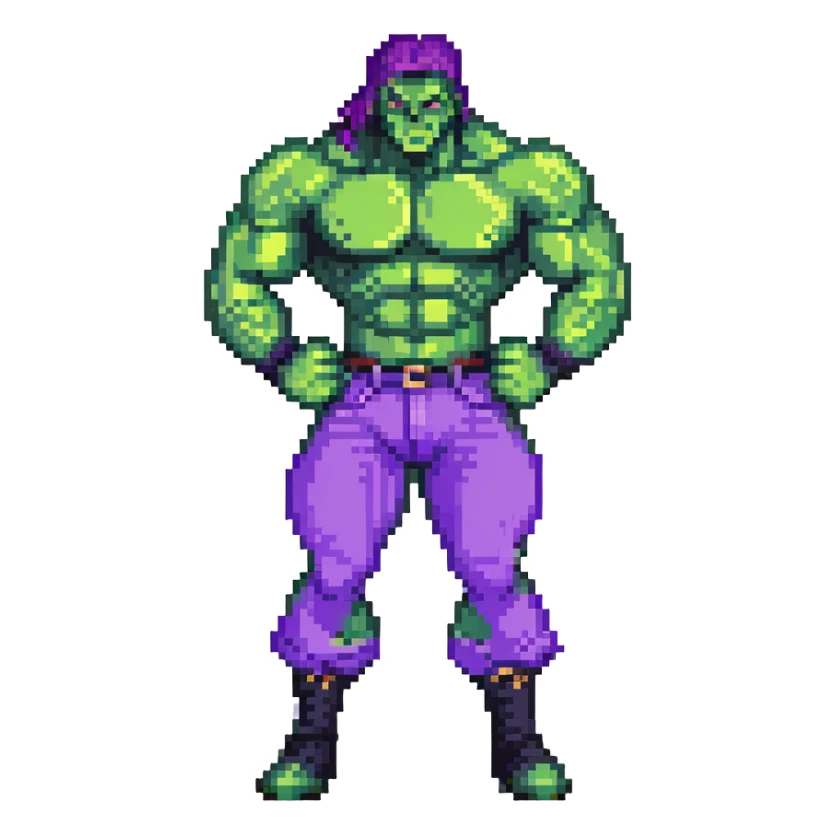 character inspired by Hulk from Marvel, green skin, muscular, purple pants sticker