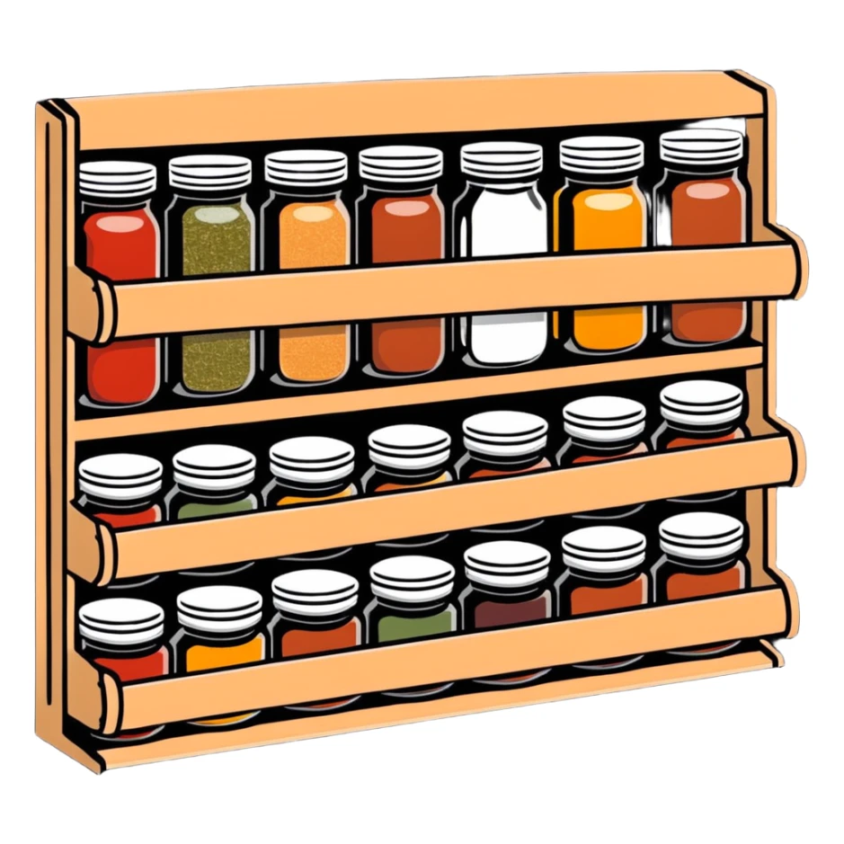 A wooden spice rack with various labeled jars of spices sticker