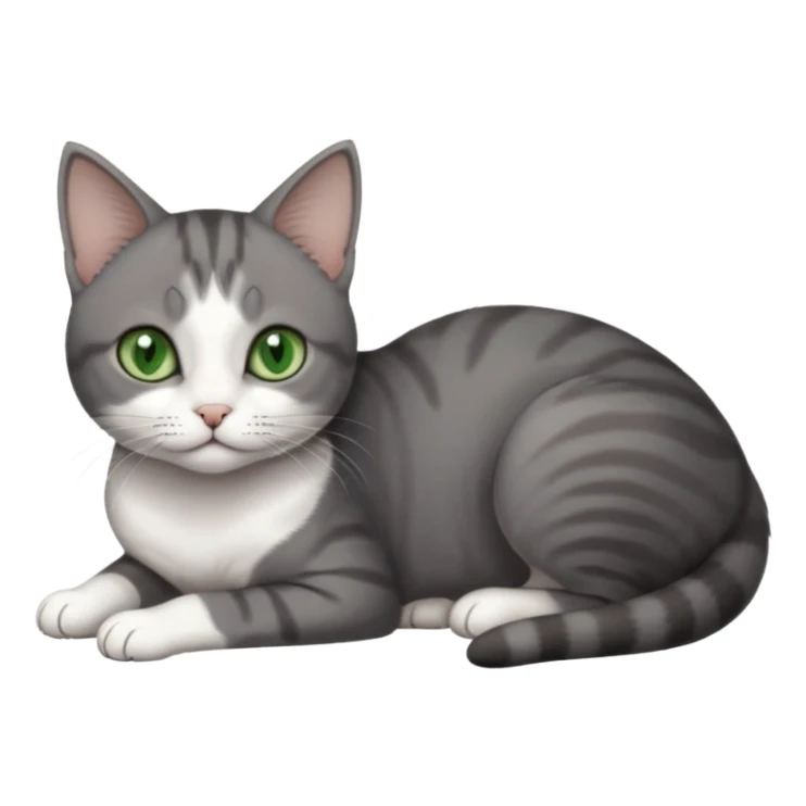 full body tiny short hair dark grey and white cat with white front legs and green  eyes lying down sticker