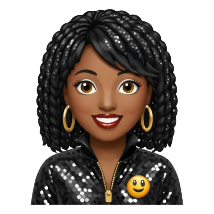Missy Elliott with black hair, black sequin jumpsuit sticker